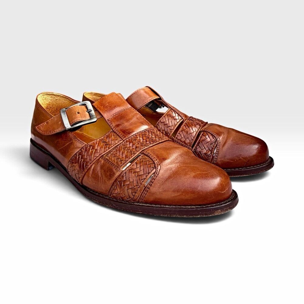 Johnston Murphy Mens 10.5 M Woven Leather Fisherman Shoes Brown Italy Vintage